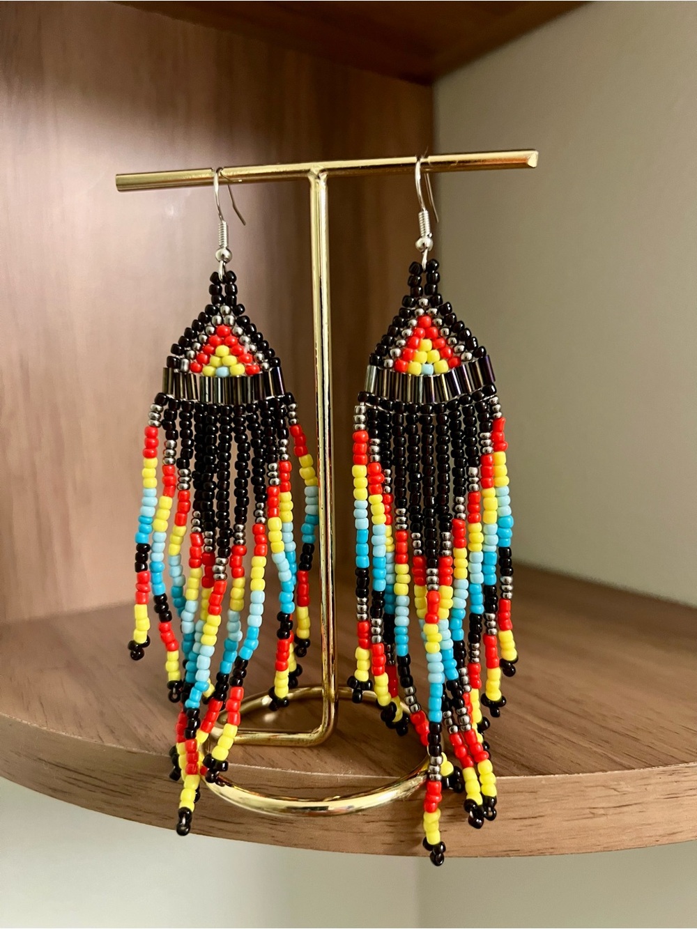 Handmade Black Multicolor Seed Bead Fringe Earrings
